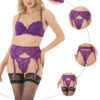 Purple-Daisy Colors Sexy Kanten Lingerie Setje voor vrouwen | 5 Delige Set | Voorgevormd met beugel Push up BH + string + kanten jarretel + 1 paar kousen + 1 paar visnet kousen