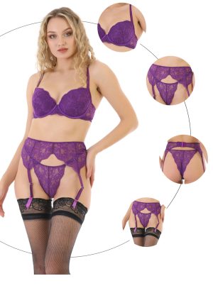 Purple-Daisy Colors Sexy Kanten Lingerie Setje voor vrouwen | 5 Delige Set | Voorgevormd met beugel Push up BH + string + kanten jarretel + 1 paar kousen + 1 paar visnet kousen