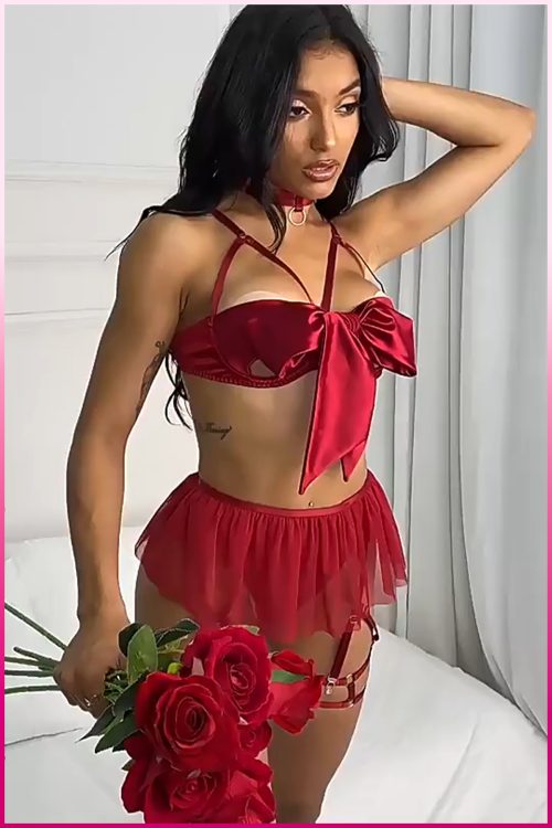 Purple-Daisy Satijnen Strik Fantasie Kostuum 4 delige Sexy lingerie set