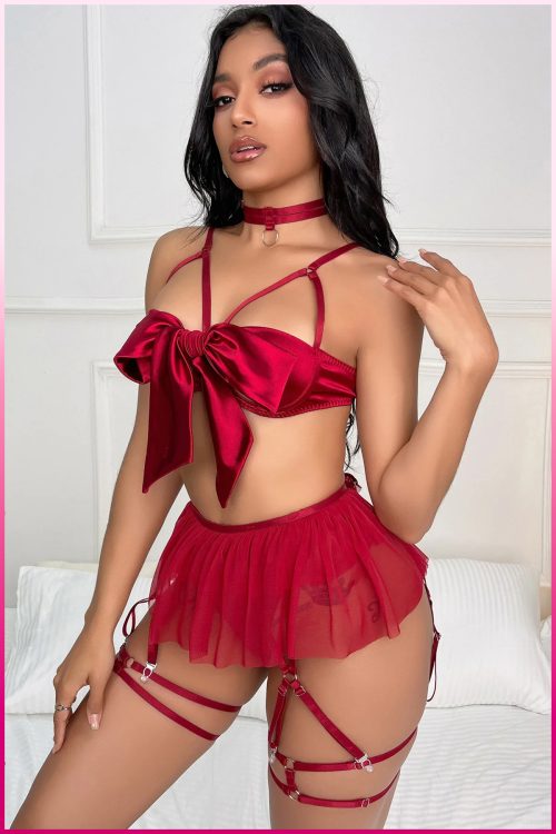 Purple-Daisy Satijnen Strik Fantasie Kostuum 4 delige Sexy lingerie set