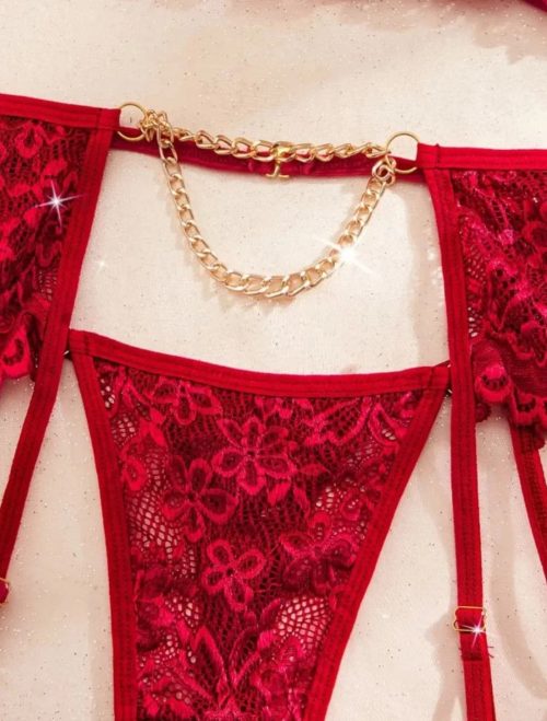 Purple-Daisy Sexy Fantasy Set met Kanten Gouden Ketting Jarretelgordel en Beenaccessoires, Dameslingerie 4 delige
