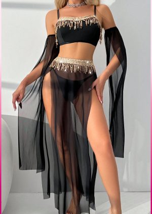 Purple-Daisy Deluxe Product Transparent Tulle Provocative Sequin Accessory 4-Piece Set Oriental Costume Sexy Belly Dancer Outfit