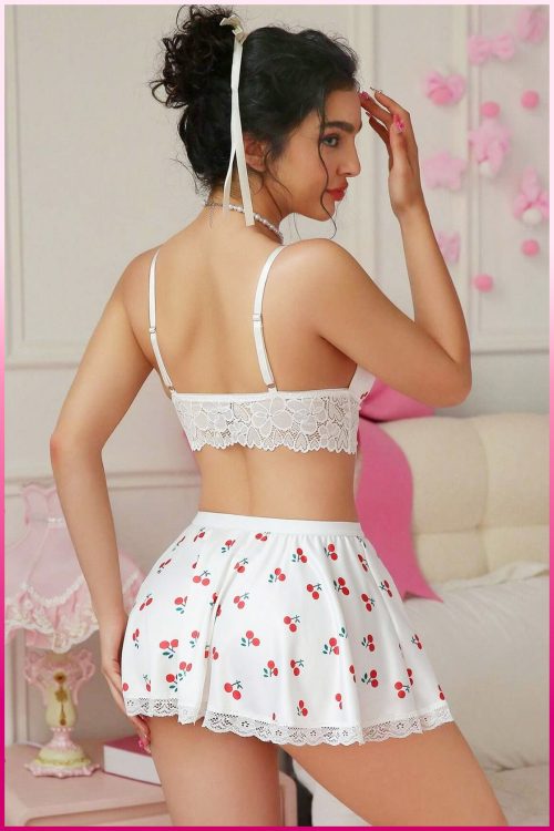 urple-Daisy Fantasie dameskostuum met rok, nachthemd met kersenmotief, ondergoed, pyjama, jurk, rok, cropped rok