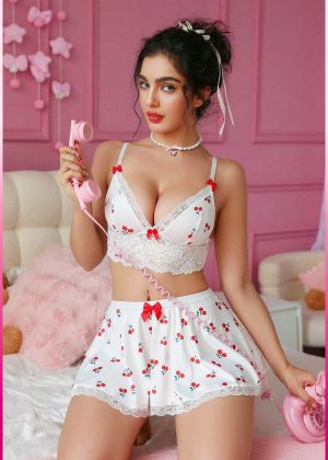urple-Daisy Fantasie dameskostuum met rok, nachthemd met kersenmotief, ondergoed, pyjama, jurk, rok, cropped rok