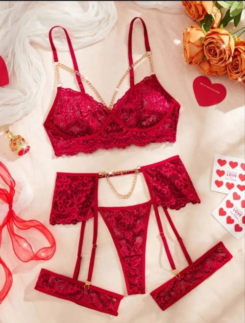 Purple-Daisy Sexy Fantasy Set met Kanten Gouden Ketting Jarretelgordel en Beenaccessoires, Dameslingerie 4 delige