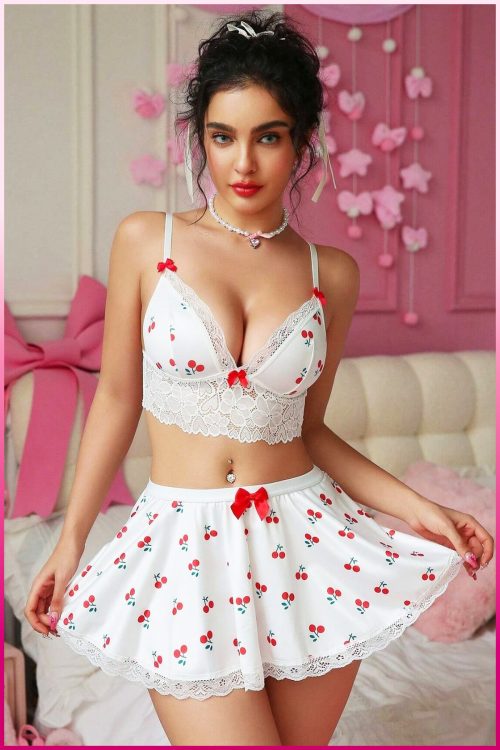 urple-Daisy Fantasie dameskostuum met rok, nachthemd met kersenmotief, ondergoed, pyjama, jurk, rok, cropped rok