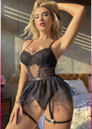 Purple-Daisy Knaak Kanten Bodysuit Dames - Erotische Body - Sexy Bodysuit - Zwart Kant