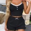 Purple-Daisy Nachthemdset met kanten top en onderkant, gedetailleerde strik en shorts Dames pyjamaset met shorts