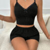 Purple-Daisy Nachthemdset met kanten top en onderkant, gedetailleerde strik en shorts