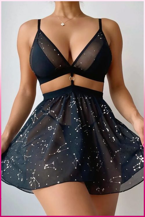 Purple-Daisy Zwarte nachtjapon met sterrenpatroon en ondergoedset voor dames, sexy bralette-set voor dames, sexy ondergoed met kantdetail, kant 3 delige