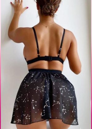 Purple-Daisy Zwarte nachtjapon met sterrenpatroon en ondergoedset voor dames, sexy bralette-set voor dames, sexy ondergoed met kantdetail, kant 3 delige