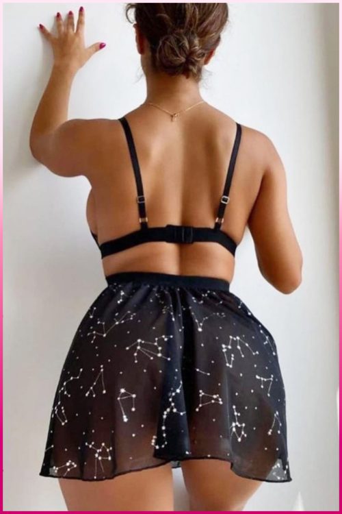 Purple-Daisy Zwarte nachtjapon met sterrenpatroon en ondergoedset voor dames, sexy bralette-set voor dames, sexy ondergoed met kantdetail, kant 3 delige