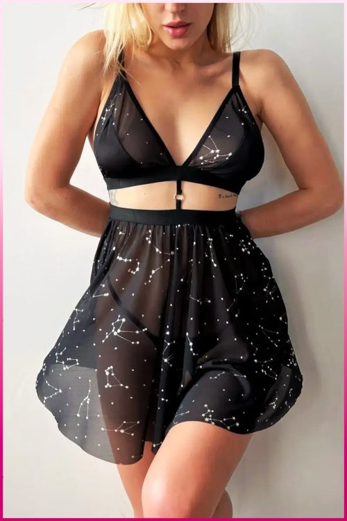 Purple-Daisy Zwarte nachtjapon met sterrenpatroon en ondergoedset voor dames, sexy bralette-set voor dames, sexy ondergoed met kantdetail, kant 3 delige